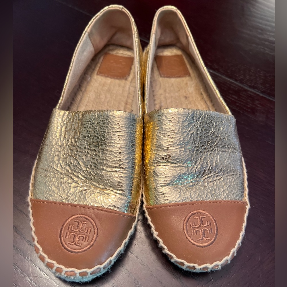 Tory Burch Metallic Gold Foil Leather Espadrille Flats 8.5M Royal Tan